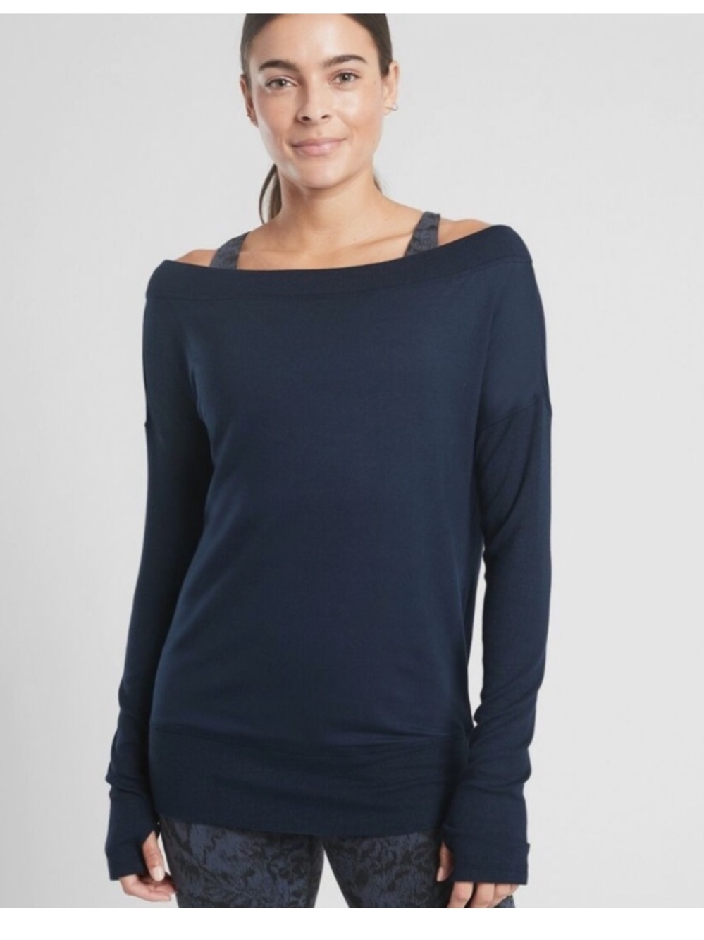 Athleta Studio Barre Sweatshirt XL Navy Blue Off Shoulder Modal Yoga Pullover
